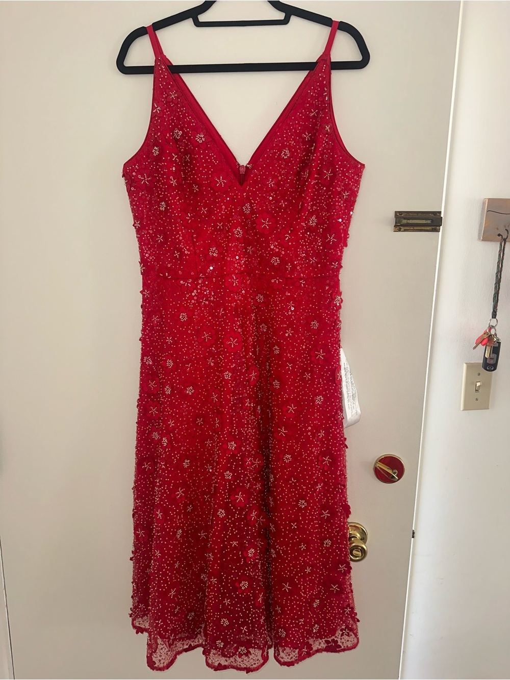 Dress the Population Red Beaded V-Neck Midi Dress
